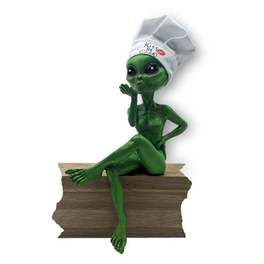 Alien Invasion “Kiss the Cook” Female Alien Statue with Chef’s Hat 10 “ H Alien Shelf Sitter Funny Kitchen or Home Decoration
